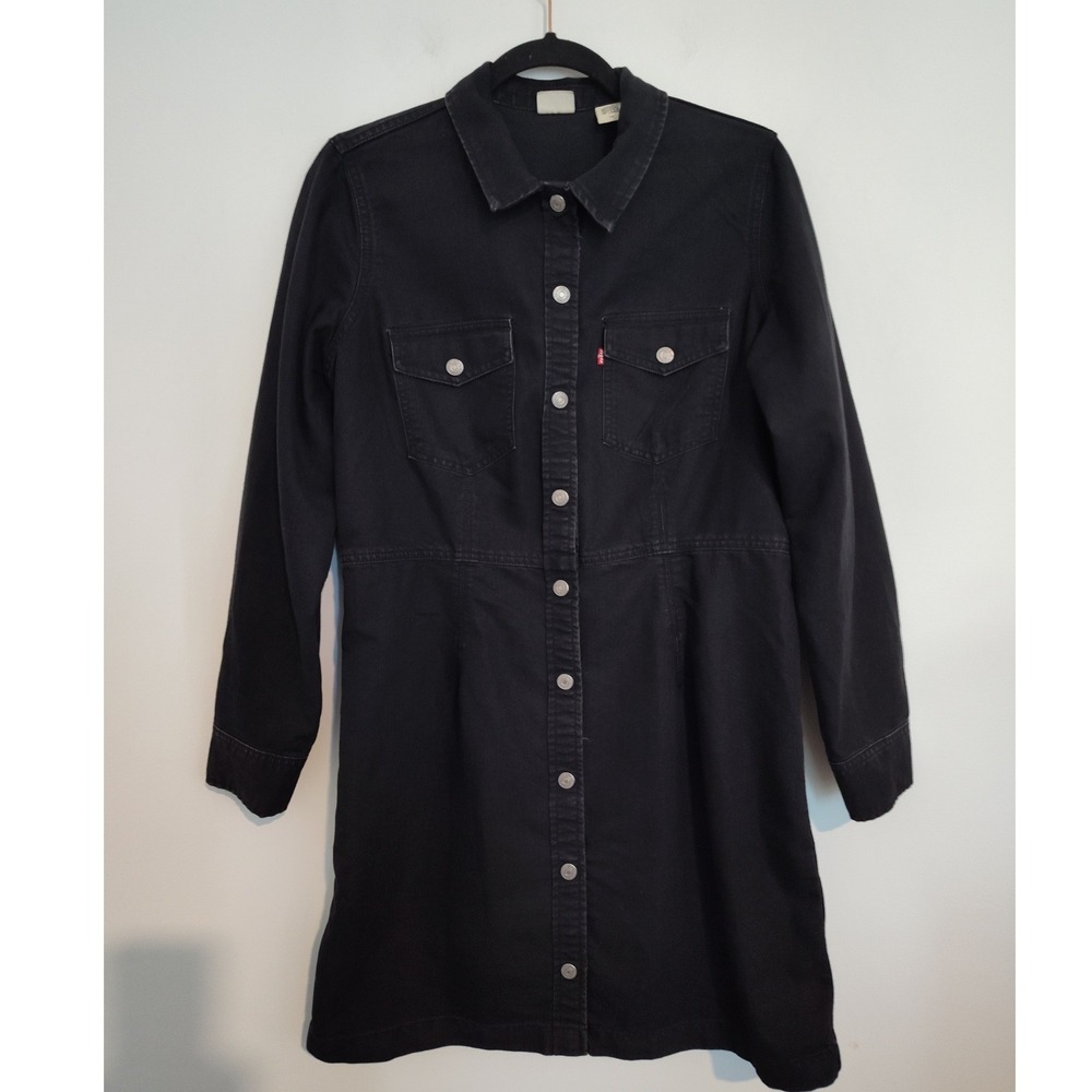 Levis Womens Black Denim Button Down Mini Dress Long Sleeve 38950-0003 Large